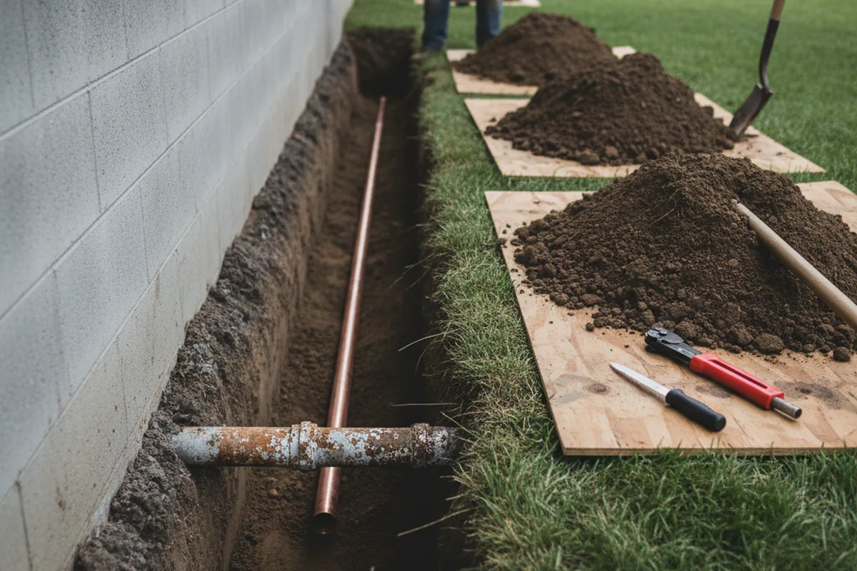 Excavated water line trench during Water Softener Installation in Georgetown